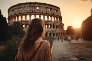Travel, vacation, romance concept. Young couple traveling and walking in Rome, Italy. Colosseum in background. Man and woman view from behind. Sunset summer background. Generative AI - obrazy, fototapety, plakaty