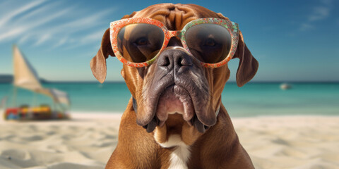Fototapeta na wymiar Beach Pawsitivity: Smiling Boxer Dog in Sunglasses with a Funny Expression. Generative AI