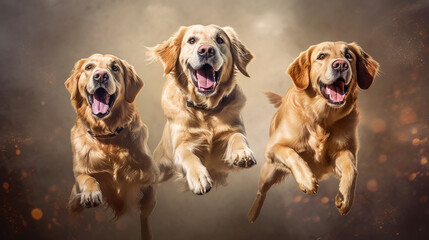 Cute Canine Athletes in Motion - Active Golden Retrievers leaping to catch flying treats. Generative AI