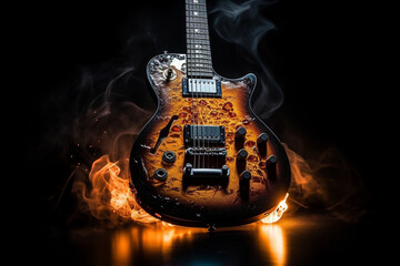 Rock guitar engulfed in fire flames. Ai generated