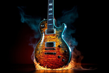 Rock guitar engulfed in fire flames. Ai generated