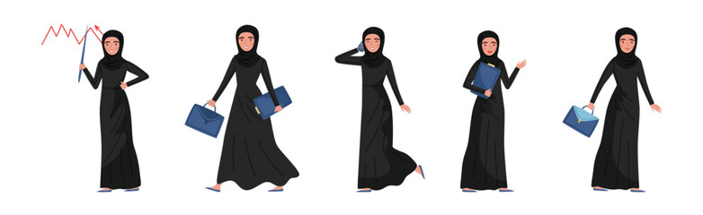 Arab Businesswoman Character in Office Working Vector Set