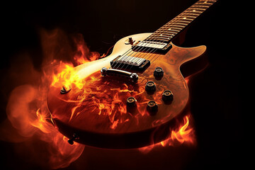 Rock guitar engulfed in fire flames. Ai generated