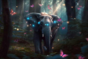 Fototapeta premium Elephant in the forest with butterflies. Ai generated