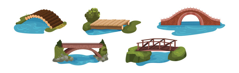 Obraz na płótnie Canvas Stone and Wooden Bridge as Structure for Spanning Physical Obstacle Vector Set