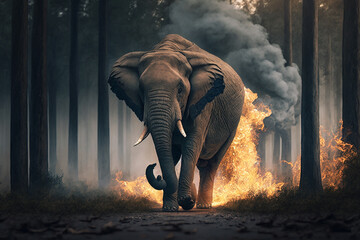 Elephant in the burning forest. Ai generated