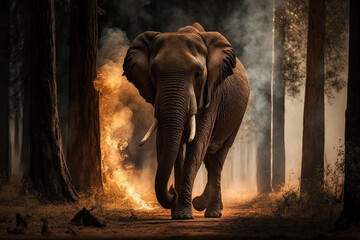 Elephant in the burning forest. Ai generated