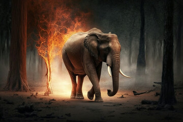 Naklejka na ściany i meble Elephant in the burning forest. Ai generated