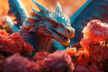 Fantasy dragon with flowers background. Created with Generative AI tools
