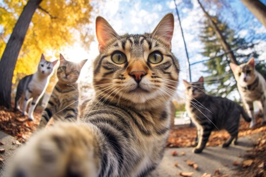 Group of cats taking selfie photo. AI generative art