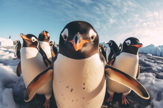 Group of penguins taking selfie photo. AI generative art