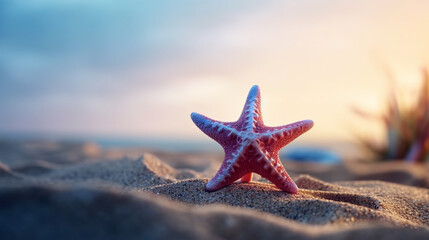 Fototapeta na wymiar A Pastel Colored Starfish Rests on the Textured Sands of a Beautiful Beach - Representing the Joys of Summertime - Generative AI