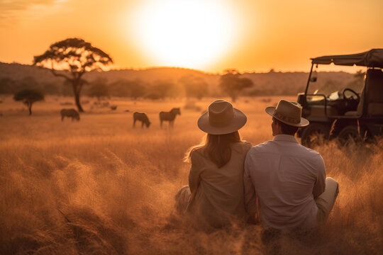 Fototapeta a couple on a safari sitting on grassland jeep and wildlife in the background sunset