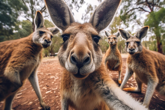 Kangaroos taking selfie photo. AI generative art