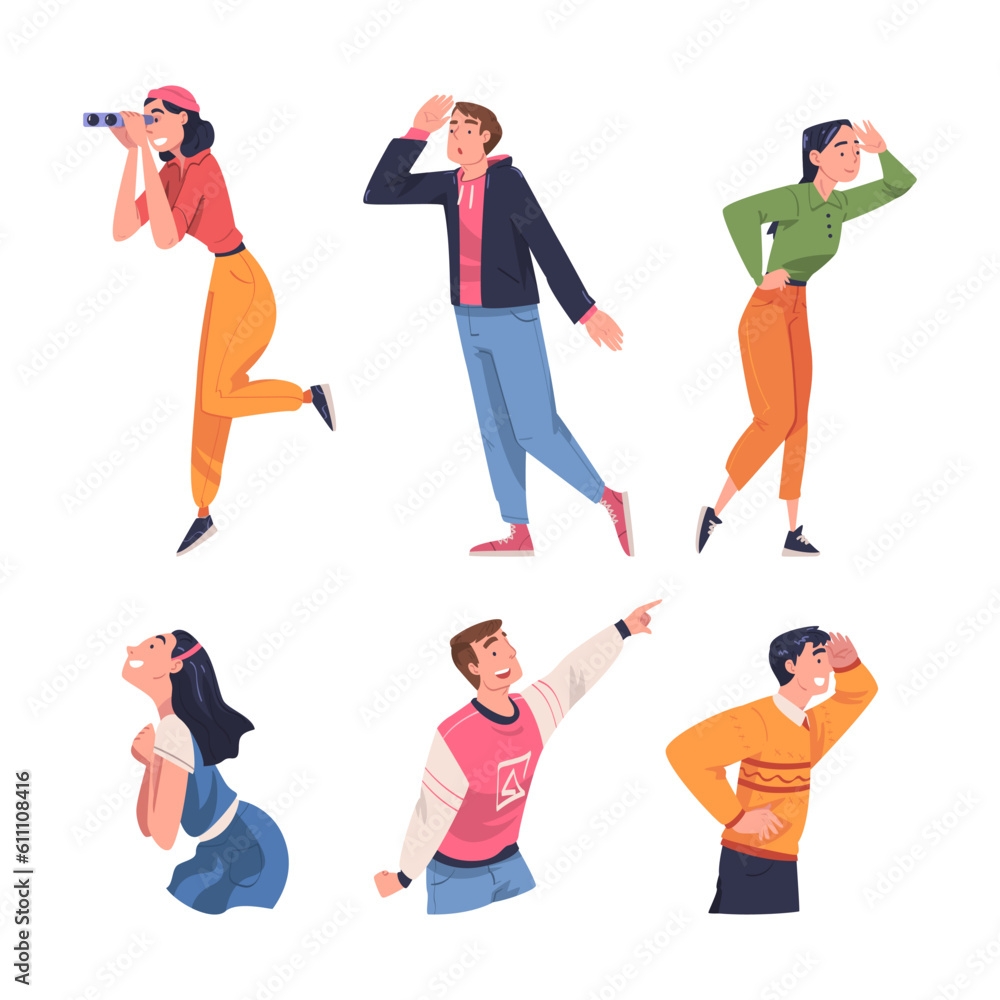 Poster people character looking at something interesting with different face expression vector set