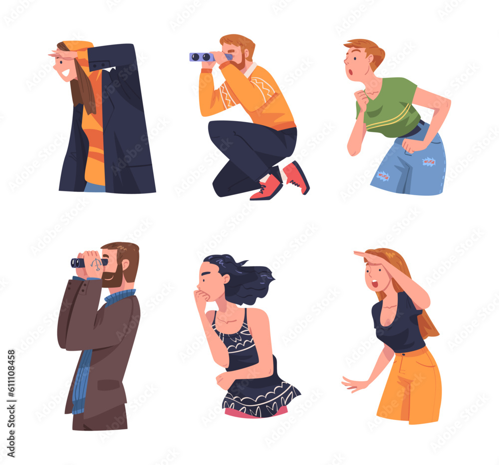 Poster people character looking at something interesting with different face expression vector set