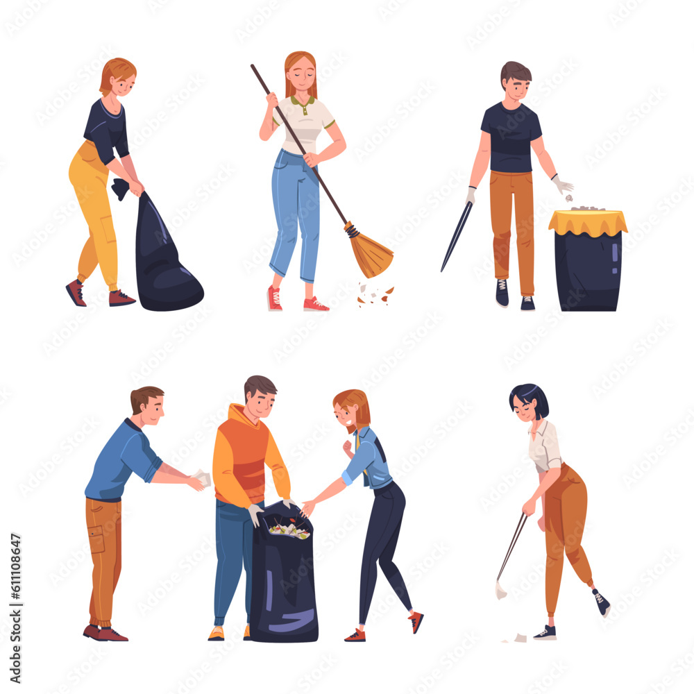 Wall mural man and woman character collecting garbage in sack cleaning street vector illustration set