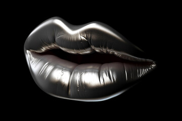 Make-up, beauty and fashion concept. Silver and shiny woman lips isolated on black background. Generative AI