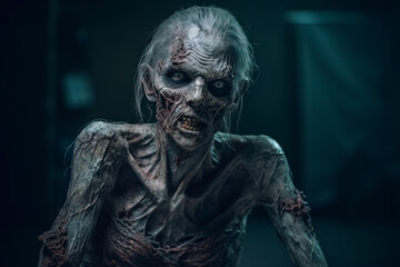 Fototapeta na wymiar Close-up portrait of a horrible scary zombie. Generative AI