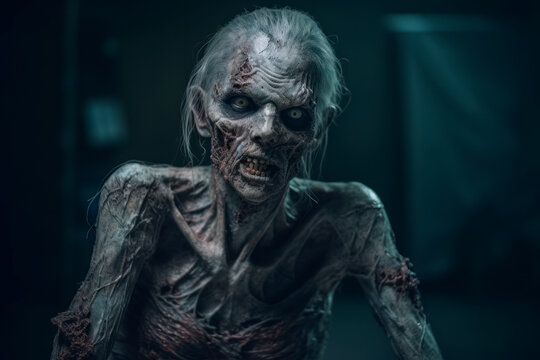 Close-up portrait of a horrible scary zombie. Generative AI