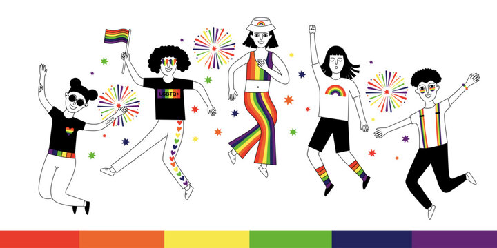 Happy people take part in the Pride Parade. Vector doodle illustration. 