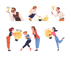 Man and Woman with Glowing Light Bulb Having Idea Vector Illustration Set