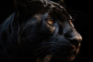 black panther looking forward, black background, hyperrealistic photography, ai generated.