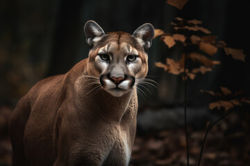 puma looking at the camera, beautiful background, dense forest background, ai generated.