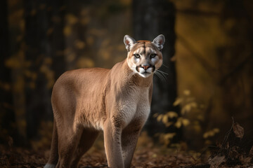 puma looking at the camera, beautiful background, dense forest background, ai generated.