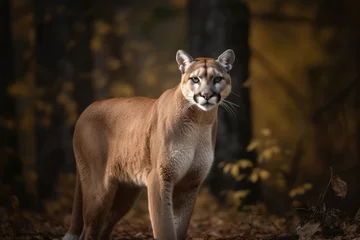Fototapeten puma looking at the camera, beautiful background, dense forest background, ai generated. © Giovanna