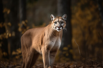 Obraz premium puma looking at the camera, beautiful background, dense forest background, ai generated.