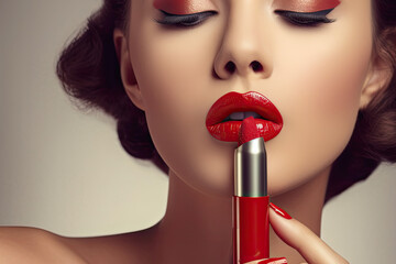 Applying lipstick on beautiful face, generative ai - obrazy, fototapety, plakaty