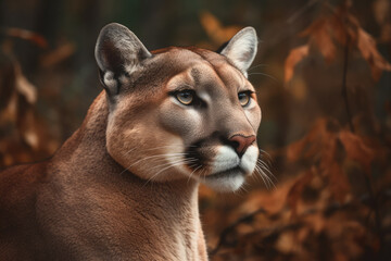 Obraz premium puma looking at the camera, beautiful background, dense forest background, ai generated.
