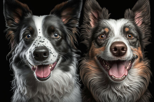 Portrait of two cute smiling dogs. Mixed breeds dog, family, animal friends or brothers or sisters. Realistic, smile funny animal concept image. Made with Generative AI