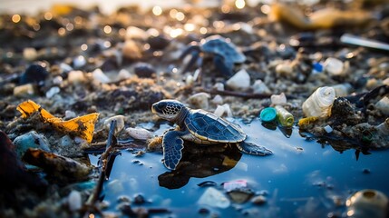 Turtle among plastic and garbage pollution in the ocean. Packages and bottles in water. Problems of environmental ecology. 