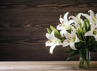 Lilies in a vase on a wooden background created with Generative Al technology