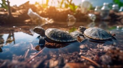 Obraz premium Turtle among plastic and garbage pollution in the ocean. Packages and bottles in water. Problems of environmental ecology. Generative AI