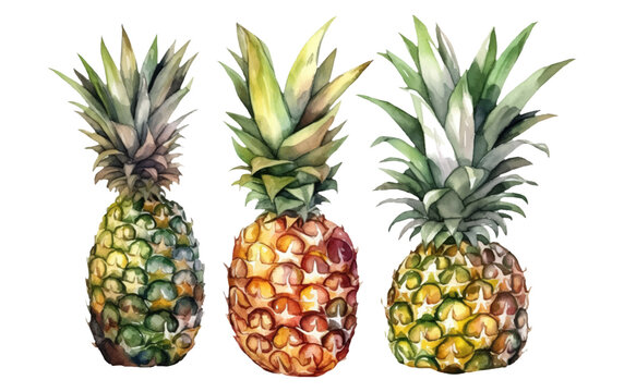 set vector waterolor illustration of ripe pineapple isolated on white background © terra.incognita