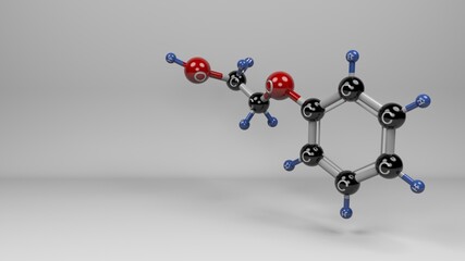 Phenoxyethanol molecule. Molecular structure of Ethylene glycol monophenyl ether. Versatile compound used in various industries as solvent, repellent, antiseptic, and preservative. 