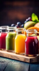 Colorful juices in bottles on wooden background. AI generated