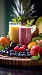 Glasses with Healthy fruit and berries smoothies on wooden tray, ai generation