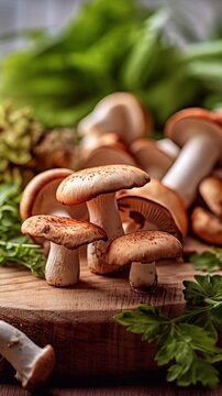 Fresh mashrooms and grass on wooden background. AI generated