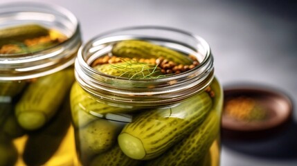  Pickled spicy cucumbers in jars. Preservations season. AI generated