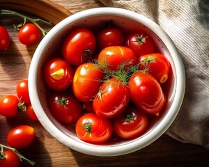  Pickled tomatoes in bowl on wooden background. Top down wiev. AI generation