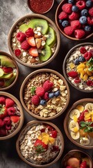 Porridge with fruits and berries in bowls, healthy breakfast concept. Top view, AI generation