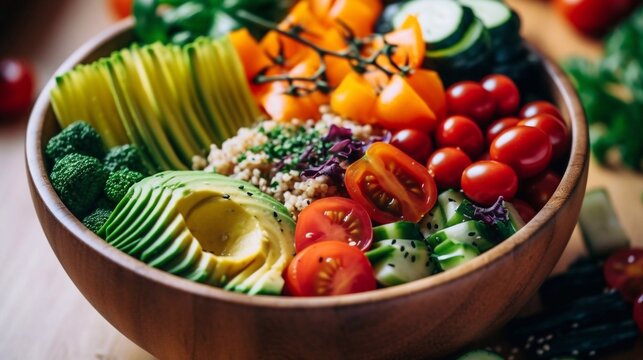 Vegetarian Buddha plate with healthy fresh vegetables, greens and seeds. Top view with ai generation