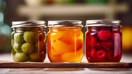 Fototapeta na wymiar Assortment of jams, seasonal berries and fruits. Marmalade or confiture. AI generated