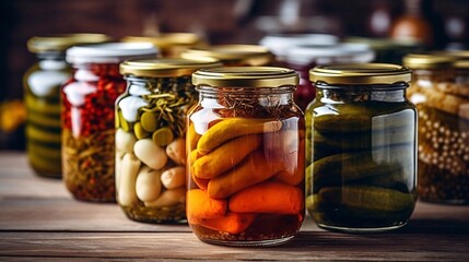 Fototapeta na wymiar Pickled vegetables in jars. Assortment of Preservations. AI generated