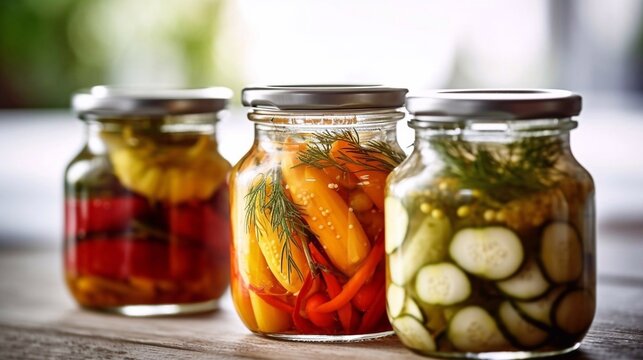 Pickled vegetables in jars. Assortment of Preservations. AI generated