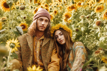young hippie couple in a wild garden